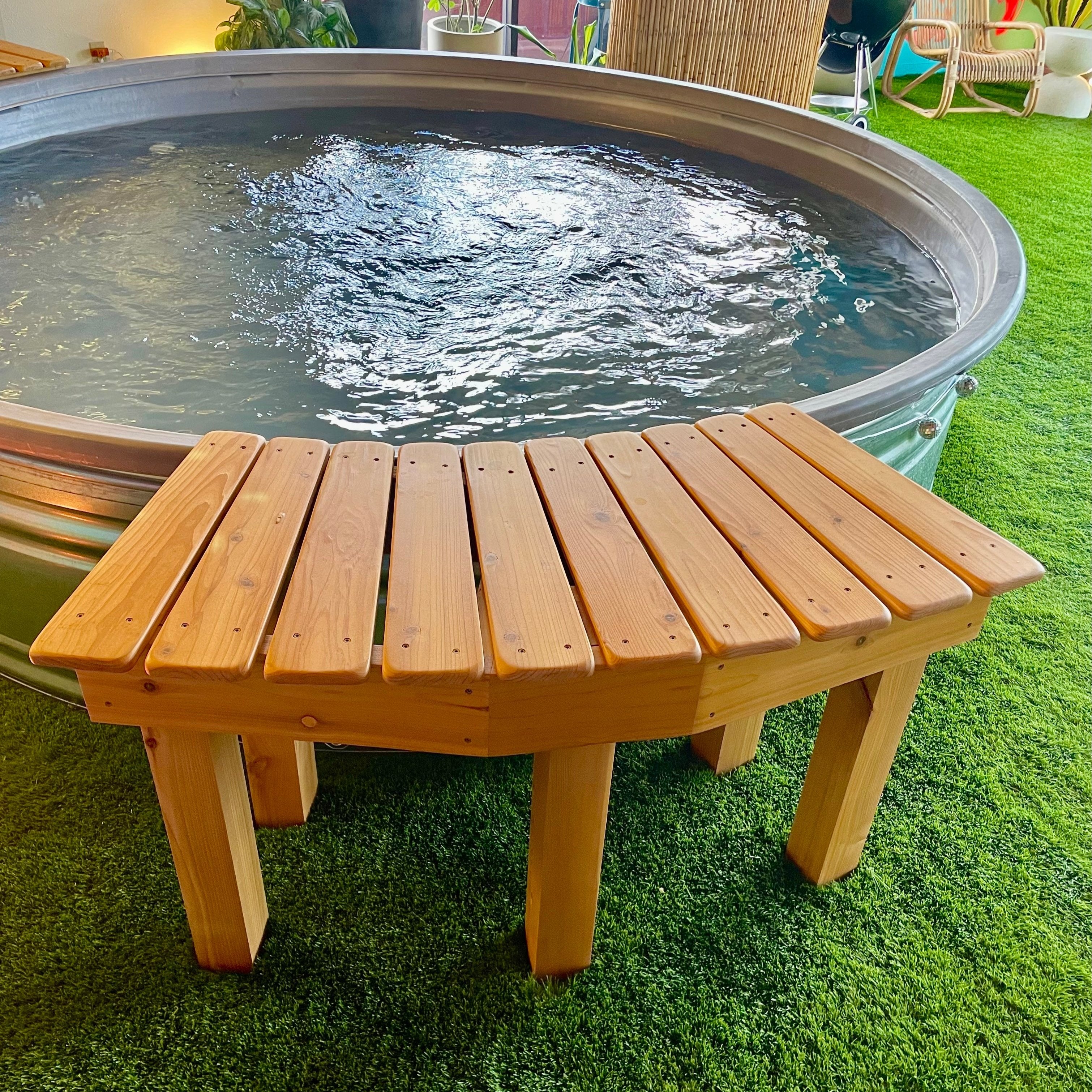 Stock Tank Pool Bench | Curved Wood Poolside Seating | Cowboy Pools