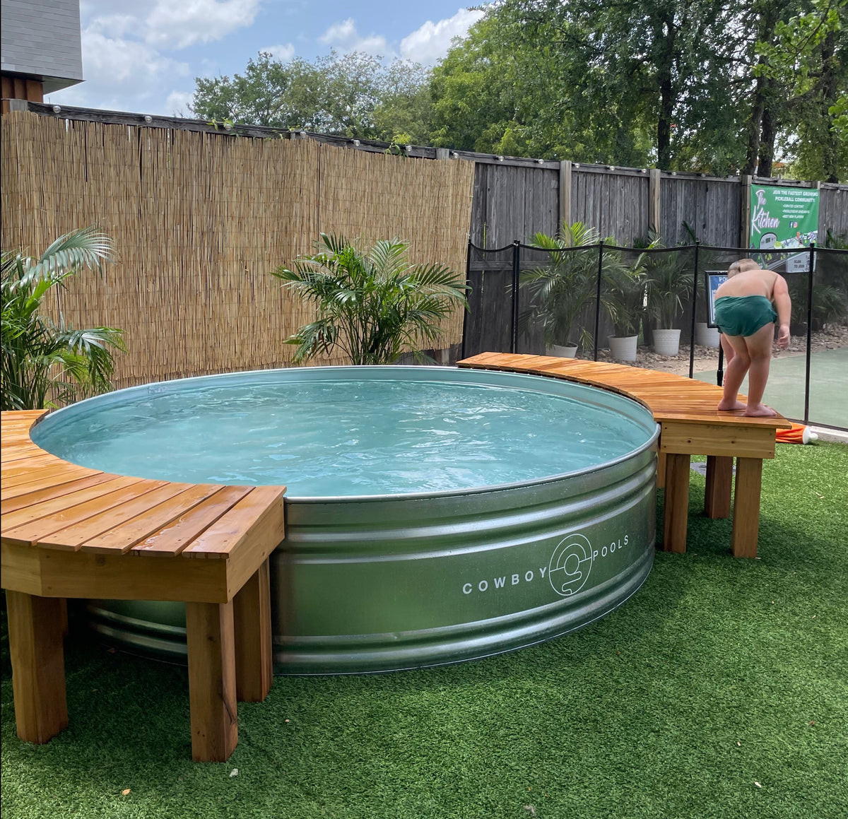 Stock Tank Pool Bench | Curved Wooden Pool Seating | Cowboy Pools